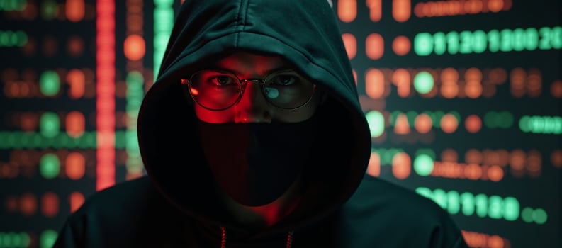 Hooded hacker in front of binary code backdrop photo