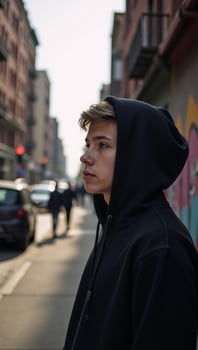 Young man gazes at gritty cityscape amidst themes of urban delinquency and youth challenges photo