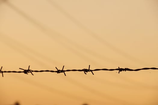 Silhouette of barbed wire in front of a glowing sunset sky, representing conflict, protection, and boundaries photo