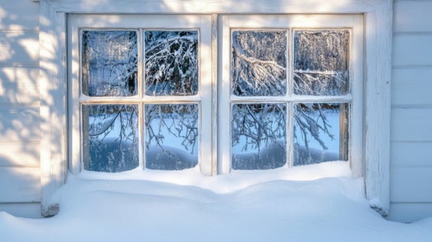 Snow-covered window with frosted glass and winter landscape view photo