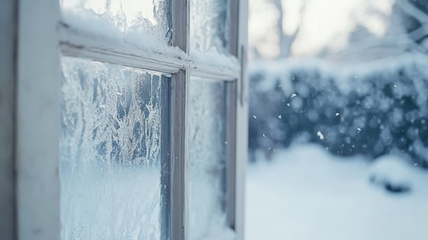Frosty window with snow falling outside, winter scene. Tranquil and serene weather concept photo