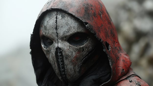 A shadowy character with a haunting mask gazes enigmatically into the distance photo