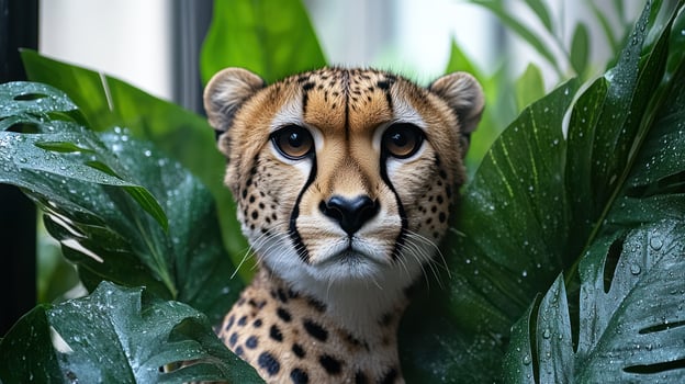 The cheetah gazes intently through vibrant green leaves, capturing attention photo