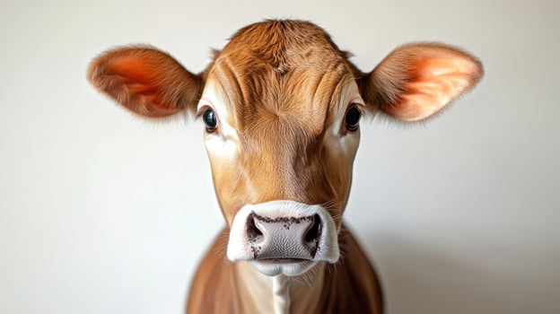 A young cow stands, looking curiously with big expressive eyes photo