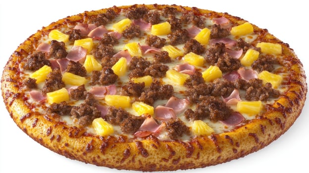 Delicious pizza with ham, pineapple, and sausage, baked to golden perfection photo