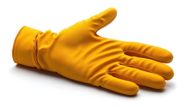 A bright yellow rubber glove lies flat, showcasing its soft texture and vivid hue photo