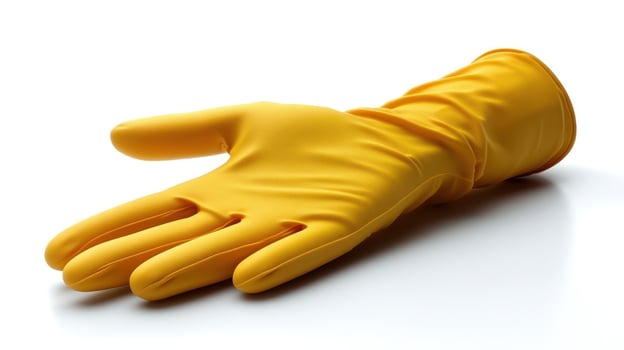 A yellow rubber glove lies on a smooth surface, waiting to tackle household chores photo