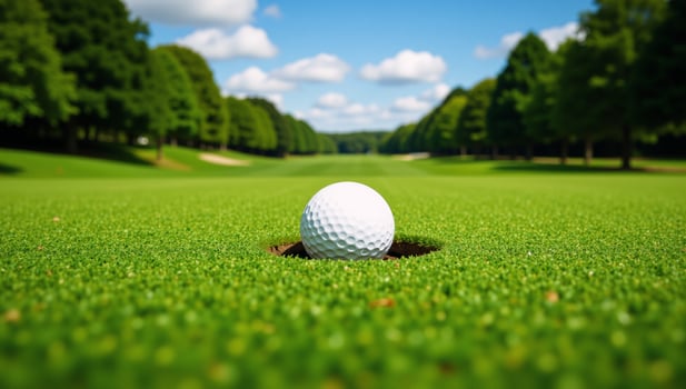 A vibrant green golf fairway framed by trees on a clear and sunny day photo