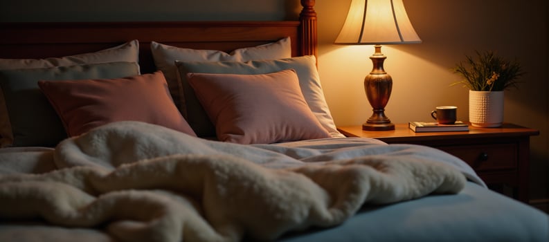 Cozy bedroom setting with soft light warm blankets and a relaxing ambiance from a bedside lamp photo