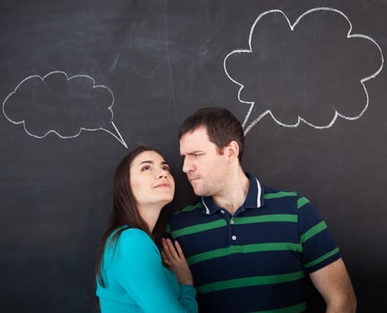 Young happy couple thinking. Chalk drawing photo