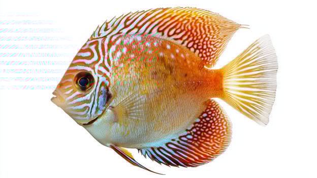 discus fish displays stunning colors and unique patterns perfectly positioned against a white backdrop highlighting its beauty and natural grace for aquarium enthusiasts. photo