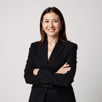 A professional confident businesswoman stands solo on a pristine white backdrop clad in black attire and striking pose photo