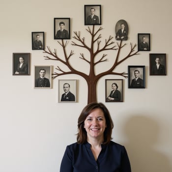 Woman displays family history through ancestral photos arranged as a genetic family tree