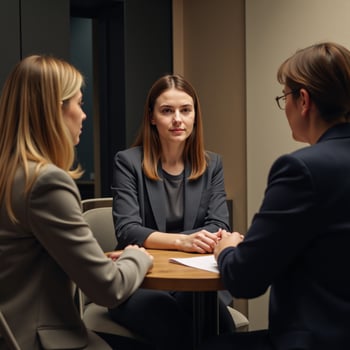 A young professional discusses her career growth with seniors over coffee in a casual office setting photo