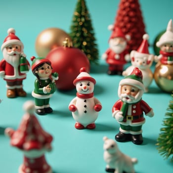 A vibrant arrangement of mini holiday decorations on a teal background during wintertime photo