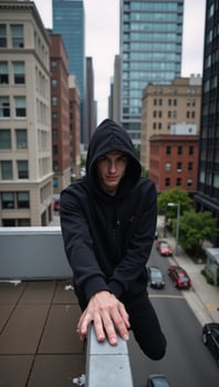 Hooded figure is depicted standing on a rooftop photo