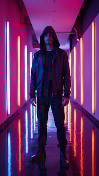 A hooded man stands in a vibrant neonlit futuristic hall photo