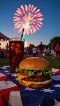 Burger and Cola on a Table with Fireworks over an American Flag Nightscape Scenic Backdrop photo