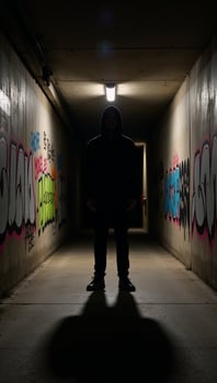 Urbanstyle silhouette of hooded man amidst underground street graffiti artwork photo