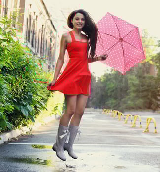 Portrait of beautiful young girl with umbrella under rain photo