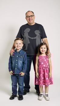 Children and their father gather with a translucent grandfather and the silhouettes of deceased relatives in a poignant depiction of familial connection photo