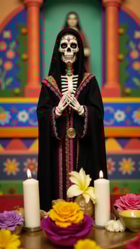 A depiction of La Santa Muerte as a skeletal figure with robed clothing and carrying a scythe or staff commonly associated with Mexican folklore photo