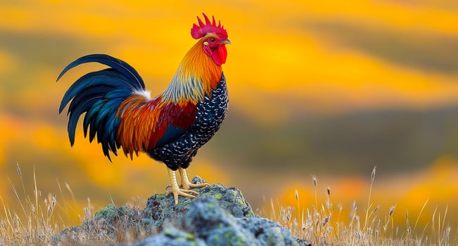 Rooster on rock at sunset. A vibrant rooster poses on a rock against a backdrop of golden sunset hues in a serene countryside setting. photo