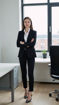 A dynamic businesswoman exudes confidence within an office environment photo