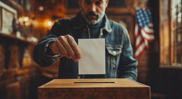 Man casting a ballot in a historic voting location. A man submits his ballot in a beautifully decorated historic voting site, reflecting civic engagement and community values. photo