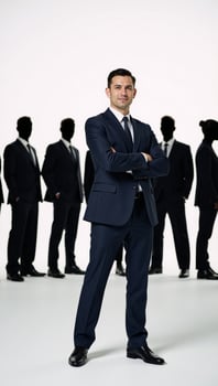 A man poses before corporatethemed silhouettes symbolizing leadership and camaraderie photo