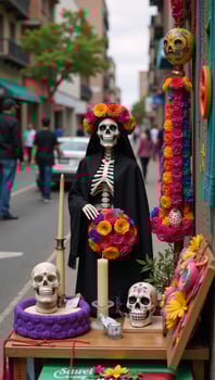 Mexican Calavera Grim Reaper with floral decorations on an altar amidst a bustling city street photo