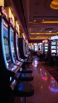 The subject is a glitzy casino scene set against the iconic backdrop of Las Vegas photo