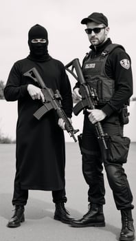 Armed terrorist with an AK47 faces off against masked special forces operative both armed and in combat attire photo