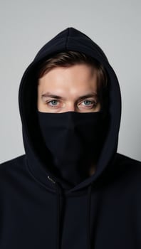 Masked man in dark hoodie with piercing blue gaze photo