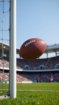 A 3D rendition of a football game with a ball helmet and goalposts within a stadium atmosphere photo