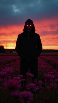 Figure in redeyed hooded jacket amidst glowing sunset and blooming wildflower field photo