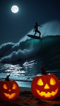 A spooky Halloween scene with a surfer riding a glowing pumpkincarved surfboard on a ghostly waves during Halloween night photo
