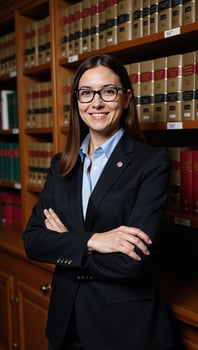 A professional photoshoot depicts an attractive attorney surrounded by books and lawthemed details within a legal library setting photo