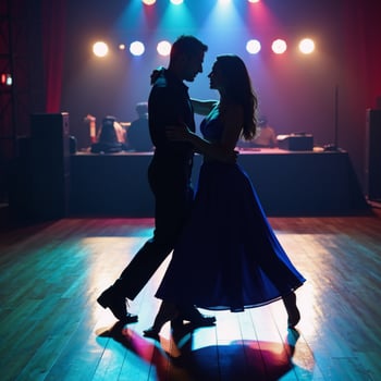 Couple silhouetted passionately dancing on a vibrant colorful dance floor photo