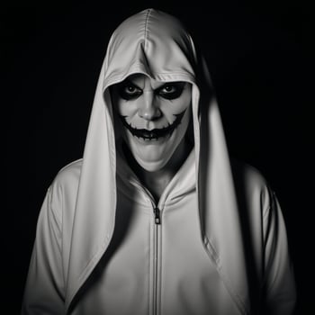 A Halloweenthemed portrait depicts an ominous figure a blackclad hooded man with sinister makeup hinting at his possible identity as a dangerous criminal lurking in the shadows photo