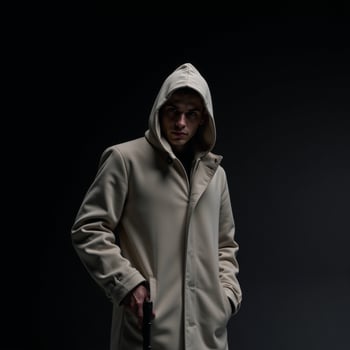 A hooded figure wielding a handgun amidst darkness photo