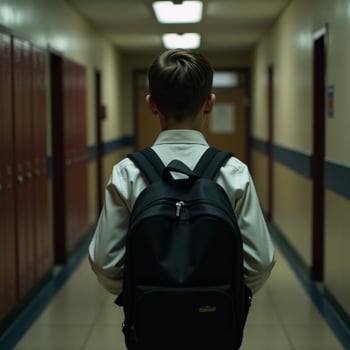 Schoolboy depicted from behind in a crowded school hallway wearing a backpack photo