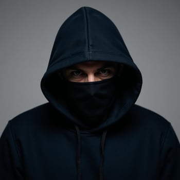 A darkhoodied masked man with piercing blue eyes looks straight into the camera photo