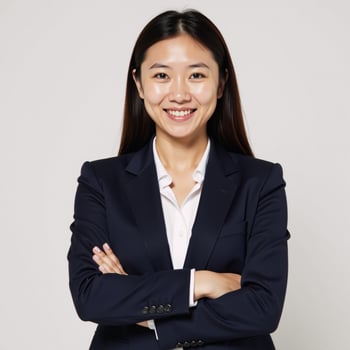 Isolated on white background A successful businesswoman smiles confidently with crossed arms and looks directly at the camera Positive Businessoriented photo