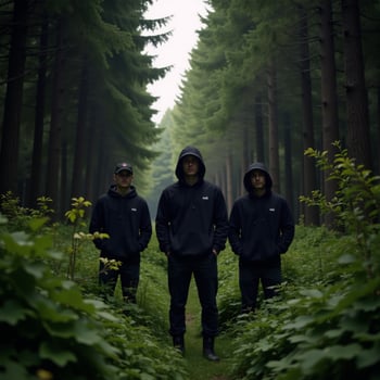 Three men in black hoodies and hats gather in a forest setting photo