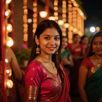 Traditional Diwali celebration with festive clothing and vibrant decorations photo