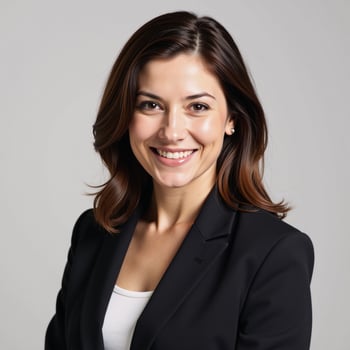 A professional businesswoman exudes confidence with subtle makeup and stylishly wavy locks photo