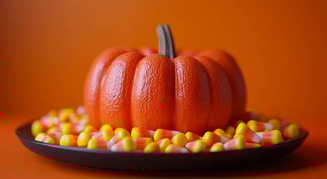 Bright orange pumpkin with candy corn on plate. A vibrant orange pumpkin sits on a black plate surrounded by colorful candy corn against an orange background, celebrating autumn. photo