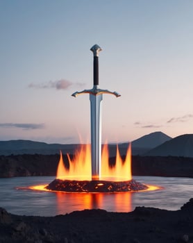 A sword is sitting on top of a fire pit photo