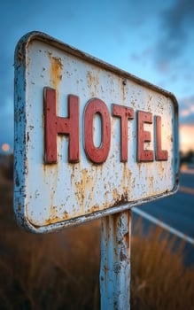 Rusty hotel sign beside the road at sunset. A weathered hotel sign stands by the roadside during sunset, showcasing fading letters against a vibrant evening sky. photo